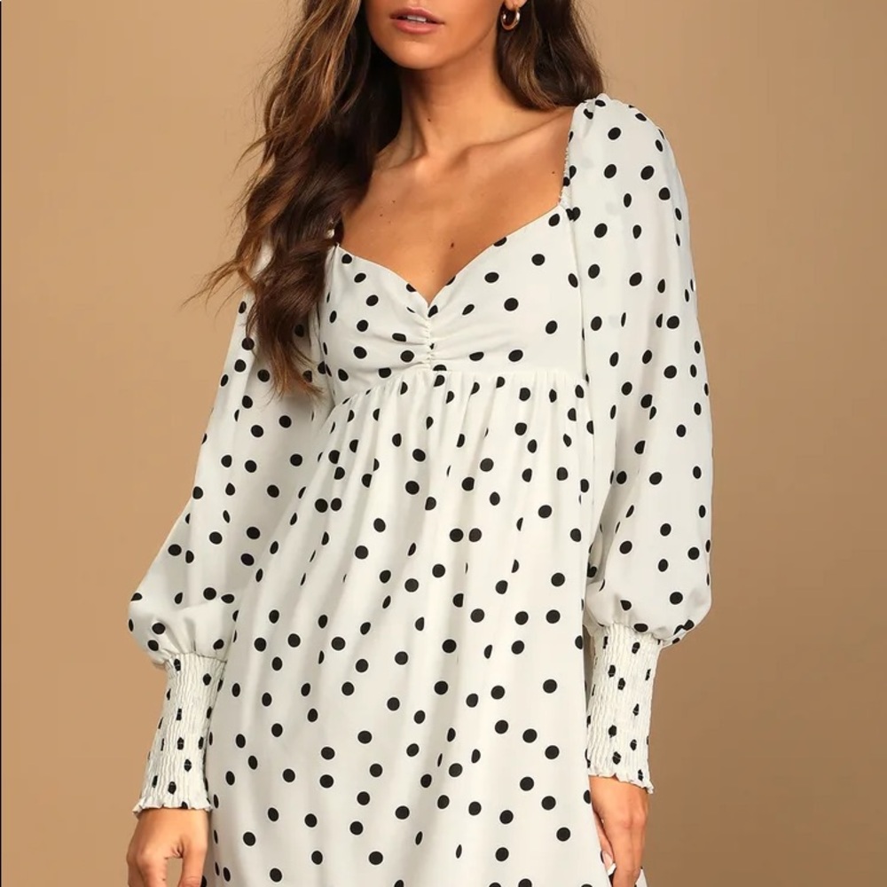 NWOT Lulus Meet Me At Our Spot White Polka Dot Long Sleeve Mini Dress Small - Picture 5 of 13